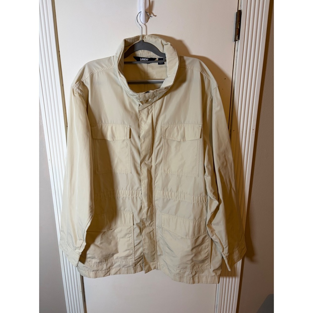 Lands End Mens XXL Field Jacket Beige Lightweight Utility Cargo Coat Full Zip